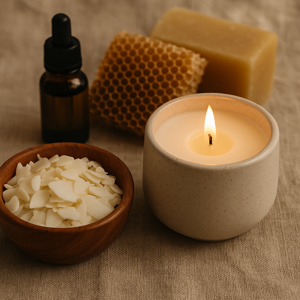 Nến sáp nành đang cháy trong chén gốm thủ công, xung quanh là sáp ong nguyên khối, sáp nành vụn và tinh dầu thiên nhiên – đại diện cho nguyên liệu không hóa chất trong nến cúng sạch.