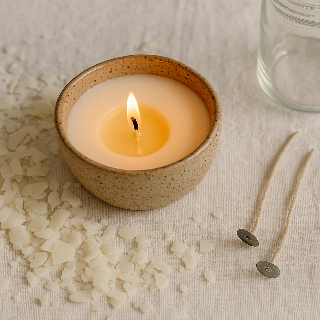 Nến sáp nành đang cháy trong chén gốm handmade, xung quanh là sáp vụn rơi vãi, hai sợi bấc nến chưa gắn và hũ thủy tinh – gợi ý lỗi phổ biến trong khâu chuẩn bị và vệ sinh vật dụng khi làm nến cúng.