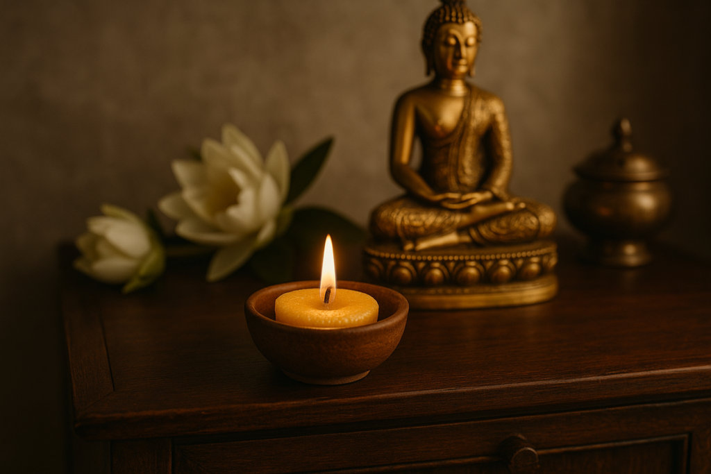 Nến sáp ong cháy sáng trong chén đất nung đặt trên bàn thờ gỗ, bên cạnh là hoa sen trắng, tượng Phật và lư đồng – khung cảnh mô tả không gian cúng dường thanh tịnh và linh thiêng.