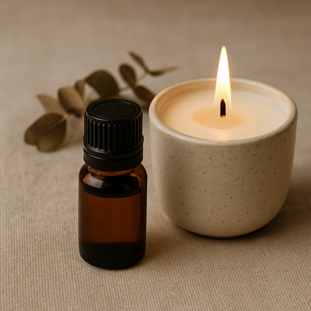 Lọ tinh dầu thiên nhiên màu hổ phách đặt bên cạnh nến sáp nành đang cháy trong chén gốm, tạo khung cảnh thanh tịnh – biểu trưng cho nguyên liệu làm nến cúng sạch và thuần khiết.