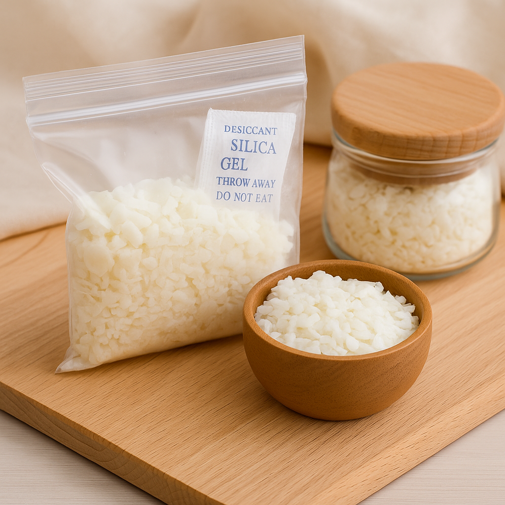 Cách bảo quản sáp cọ kết tinh: đựng trong túi zip, lọ thủy tinh và bát gỗ – kèm túi hút ẩm, nền vải sáng handmade và ánh sáng dịu nhẹ