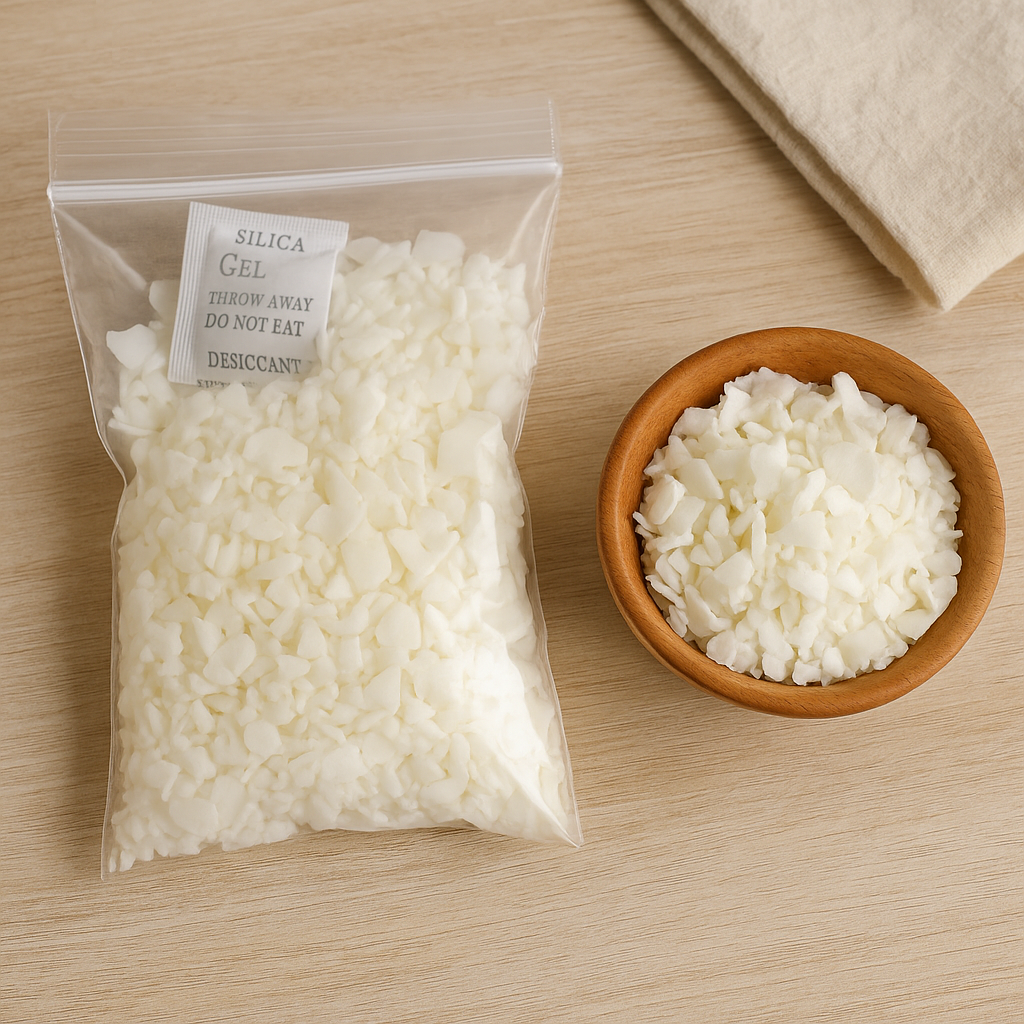 Cách bảo quản sáp nành đúng chuẩn: đựng trong túi zip kèm túi hút ẩm, đặt cạnh bát gỗ thủ công – nền gỗ sáng nhẹ nhàng, tone handmade tự nhiên