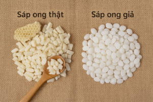 So sánh sáp ong trắng thật và sáp ong giả: thật màu trắng ngà với tổ ong và muỗng gỗ, giả trắng tinh, hạt tròn đều – bố cục handmade trên nền vải bố tự nhiên