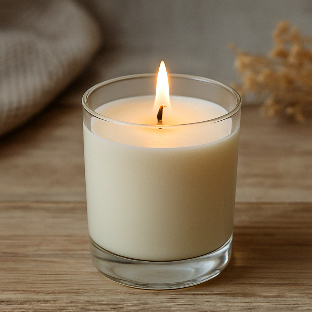 Nến cúng handmade từ sáp dừa đang cháy nhẹ trong ly thủy tinh – ánh sáng ấm và tinh tế, tone handmade tự nhiên