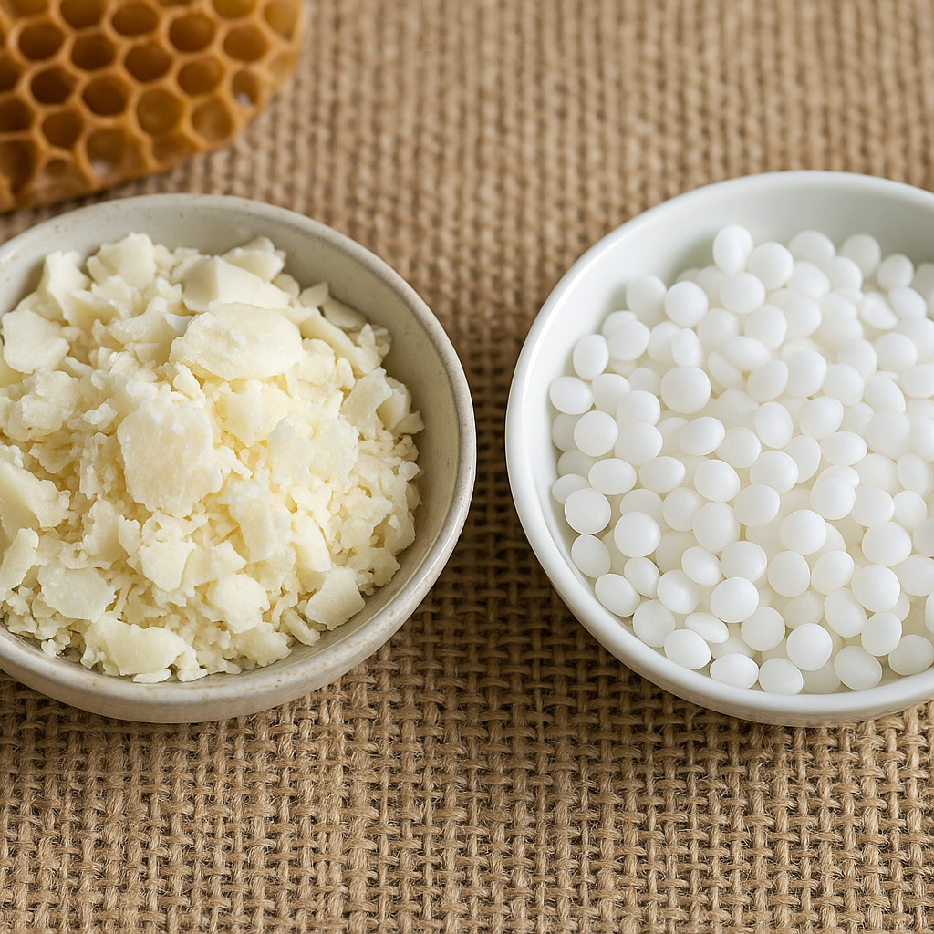 So sánh sáp ong trắng thật và giả bằng màu sắc: sáp ong thật trắng ngà, mềm vụn; sáp ong giả trắng bóng, dạng viên tròn – đặt trong bát gốm, tone handmade tự nhiên