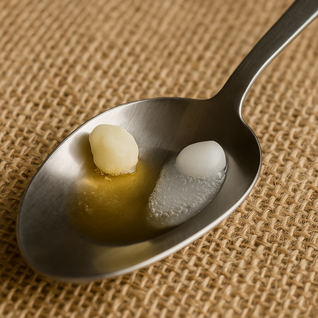 So sánh sáp ong thật và giả bằng cách đốt tan chảy: sáp ong tan đều, vàng ấm; sáp giả sùi bọt và sáng trắng – thử nghiệm trên muỗng kim loại nền bố tự nhiên