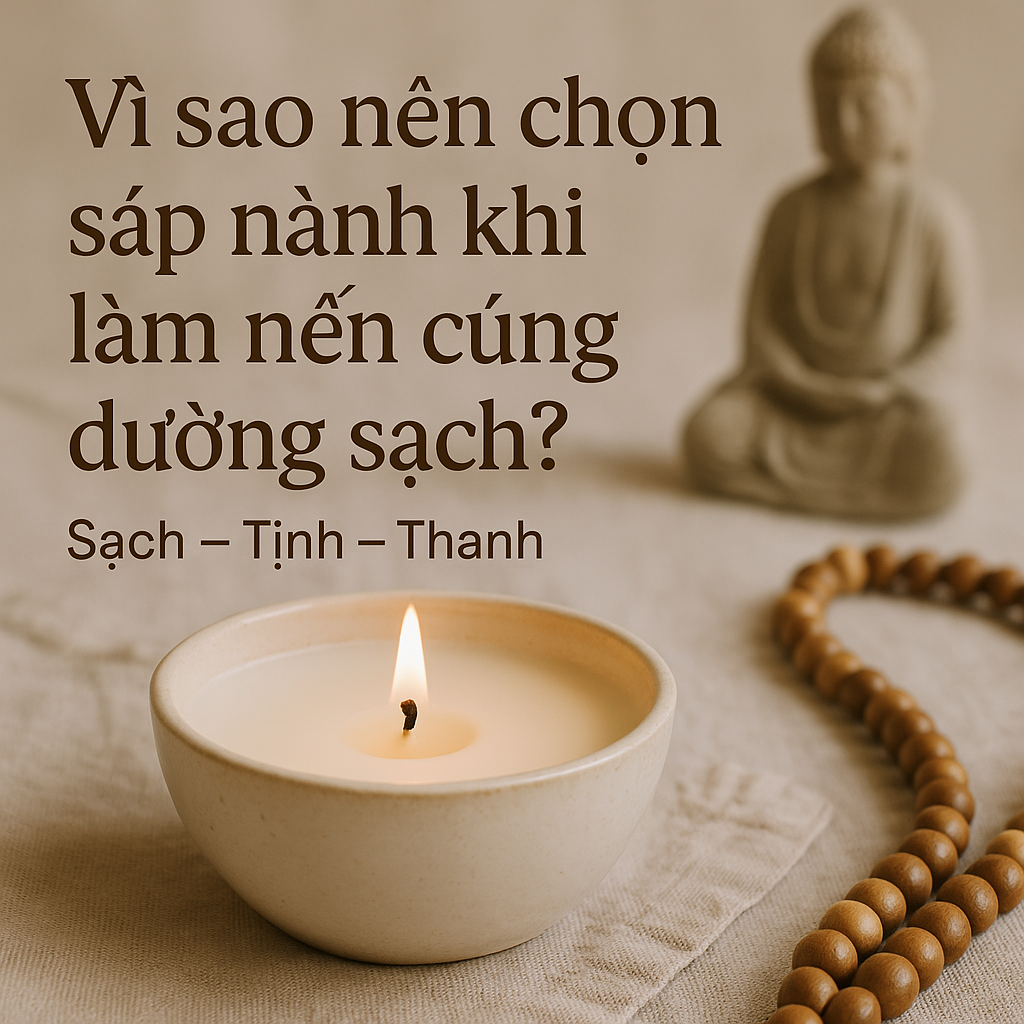 Nến cúng dường từ sáp nành trong chén gốm mộc mạc, đặt trên nền vải cùng chuỗi tràng hạt gỗ và tượng Phật, tạo nên không gian thanh tịnh, sạch sẽ và trang nghiêm.